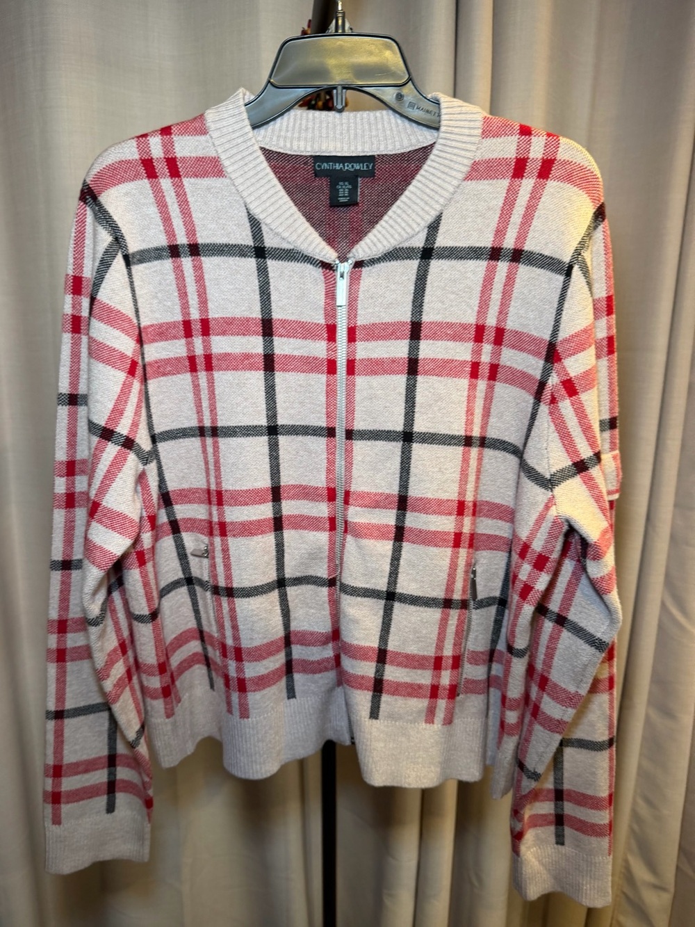 Cynthia Rowley Cream Sweater with Red and Black Plaid Zip-Up